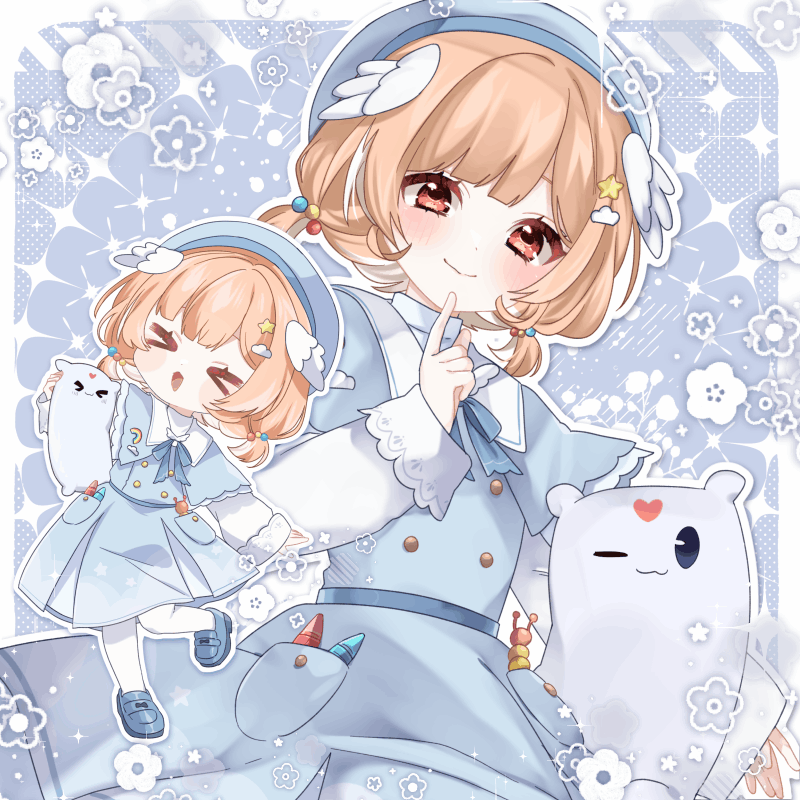 个人势虚拟主播、Pillowdear、pillowdear (school uniform) 1名女孩 闭眼挤眼 贝雷帽 蓝色背景 蓝色蝴蝶结