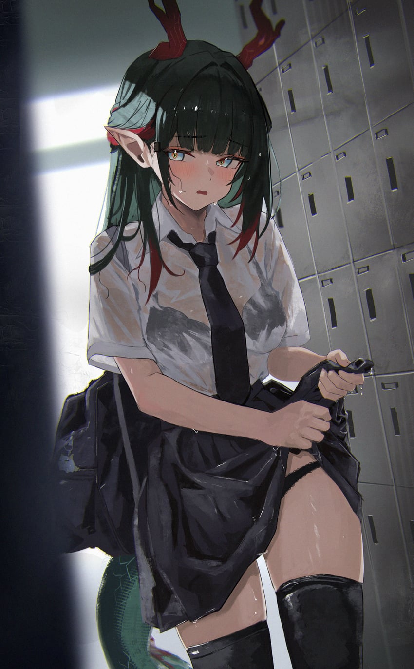 明日方舟、明日方舟：终末地、庄芳怡 (明日方舟) 1名女孩 替换服装 包 黑色文胸 黑色领带