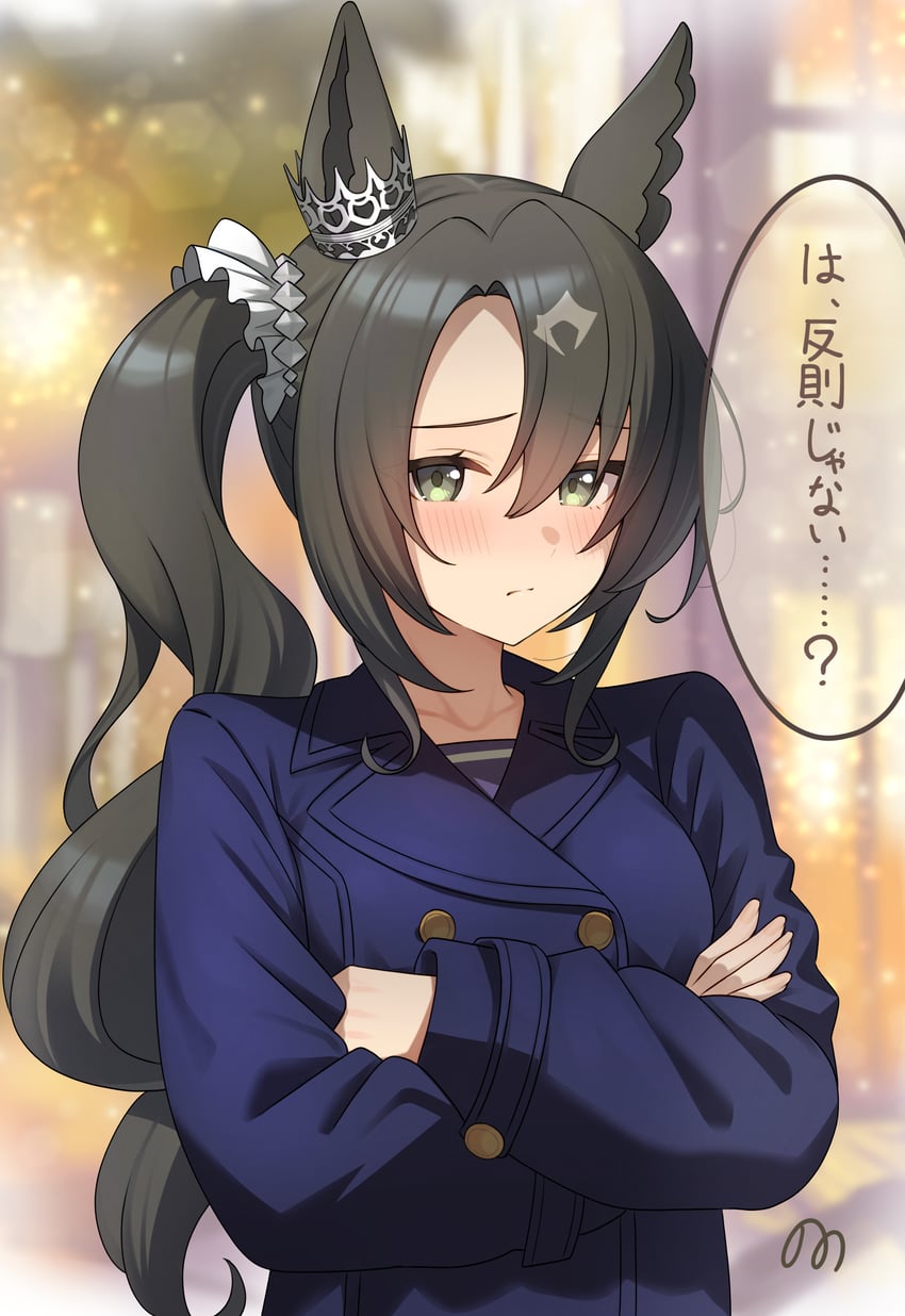 赛马娘、里见皇冠 (赛马娘) 1名女孩 兽耳 黑色大衣 模糊 模糊背景