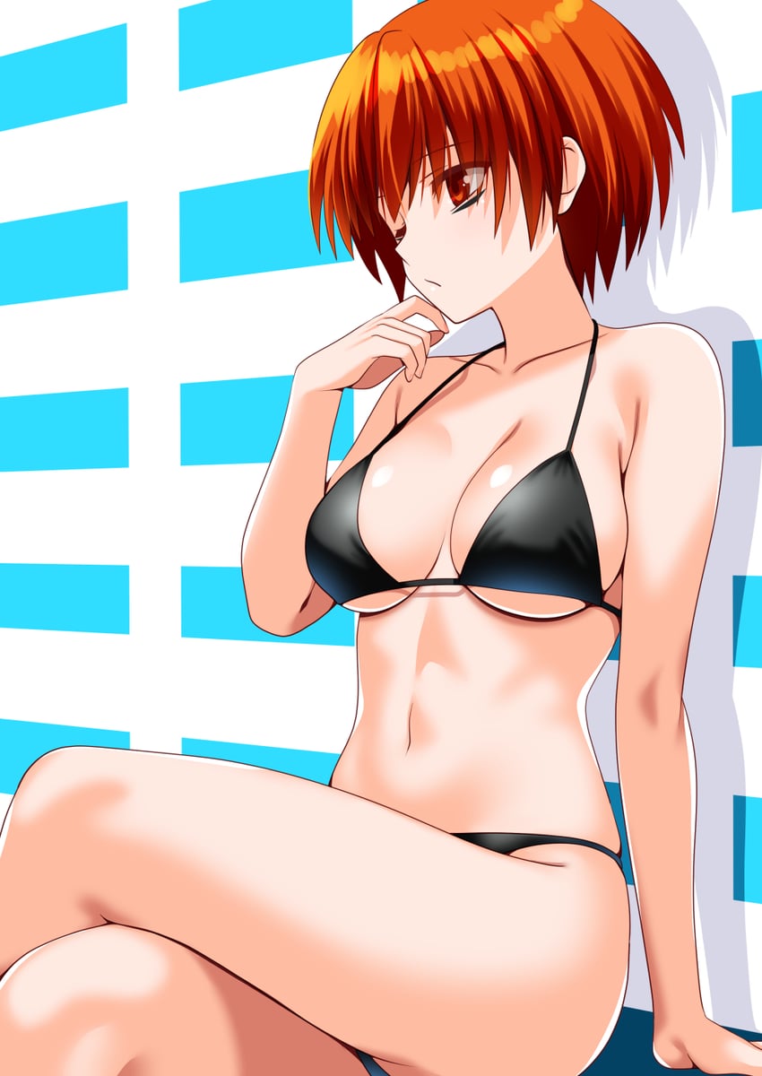 原创 1名女孩 露肩 比基尼 黑色比基尼 脸红