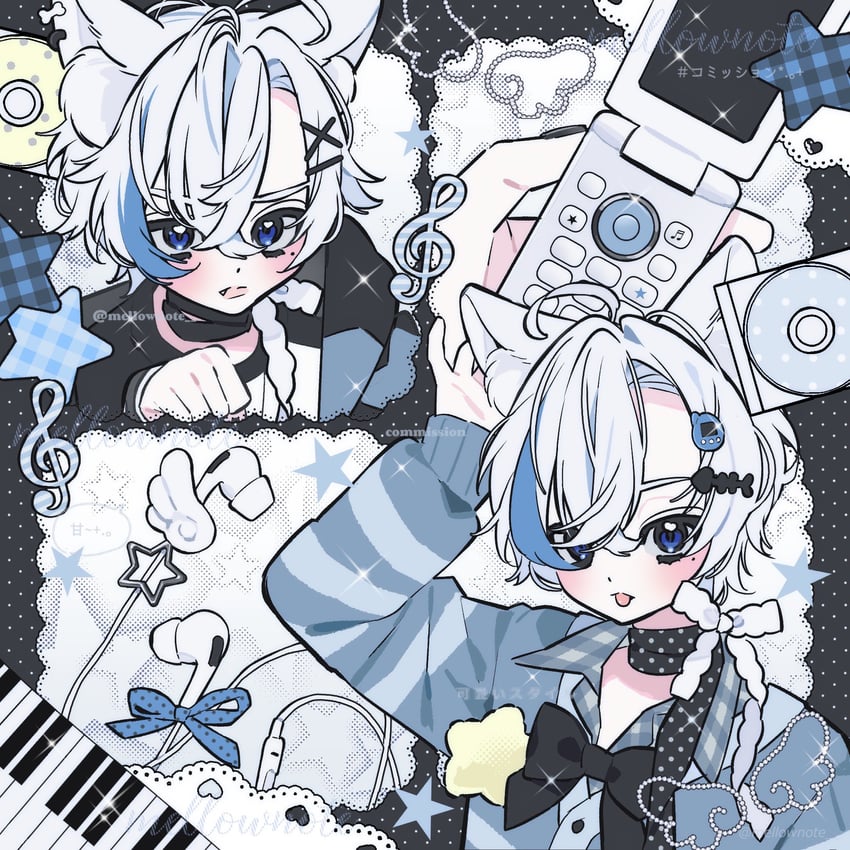 原创 1名男孩 兽耳 黑衬衫 蓝眼 蓝色衬衫