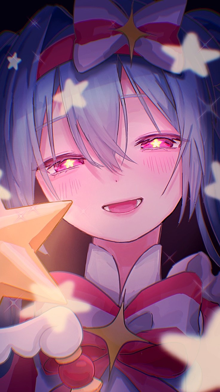 立刻轮回 (Vocaloid)、VOCALOID、初音未来 1名女孩 黑色背景 蓝发 脸红 蝴蝶结