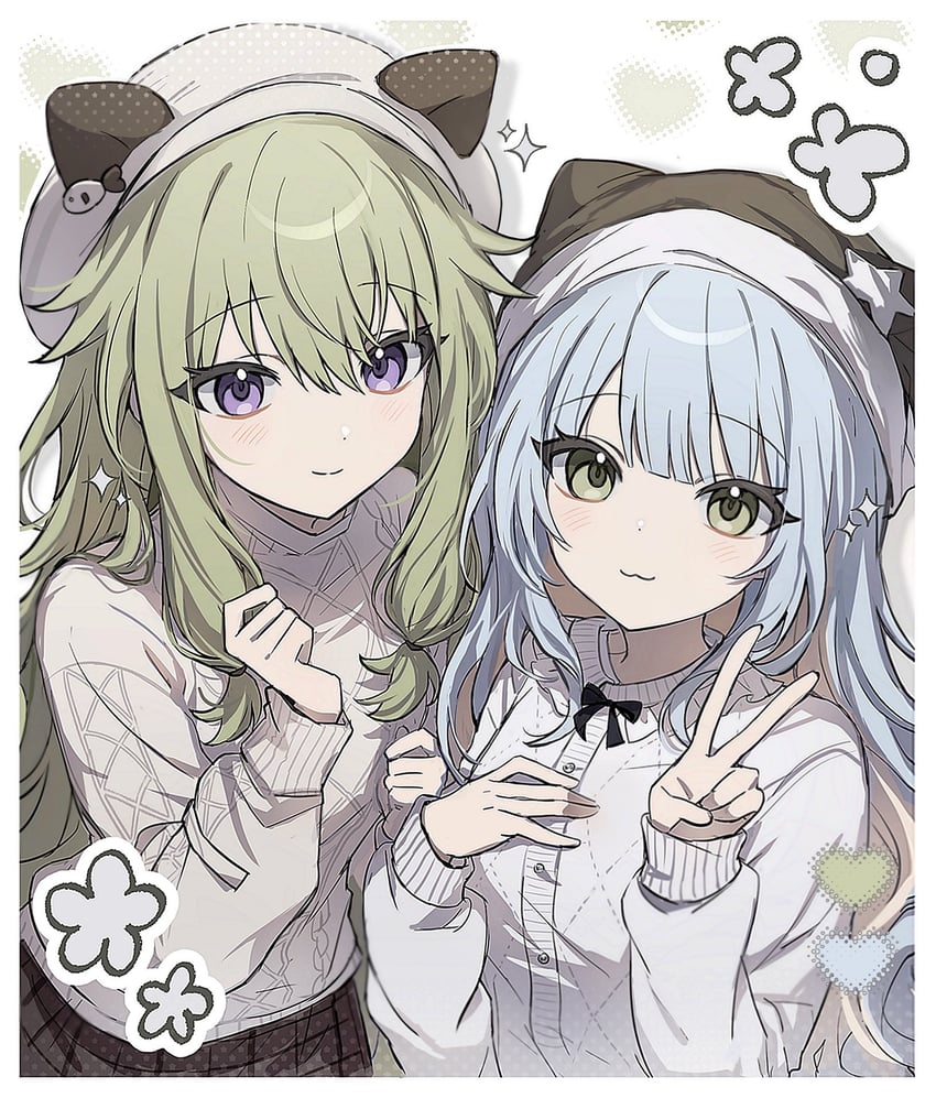 原创、世界计划、草薙宁宁 2名女孩 猫脸笑 兽耳头饰 兽耳 贝雷帽