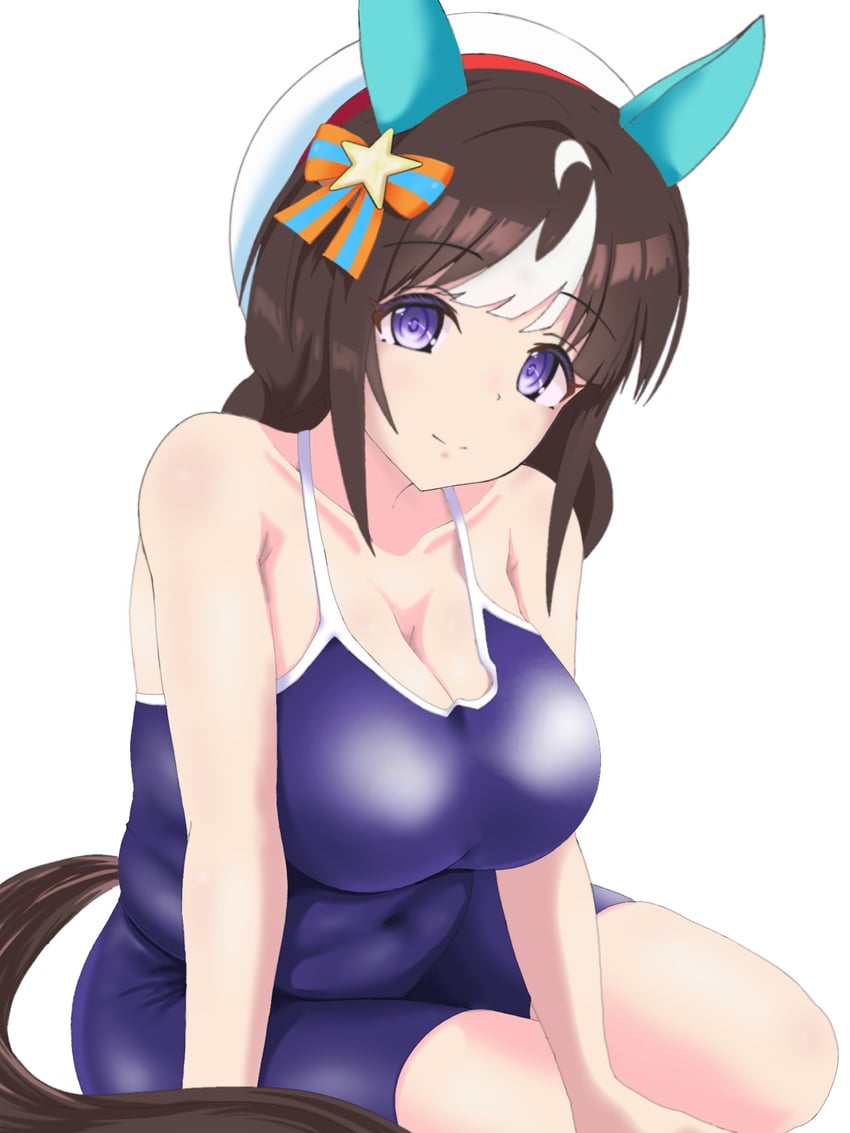 赛马娘、北港火山 (赛马娘) 1名女孩 兽耳 贝雷帽 蓝色连体泳衣 蝴蝶结