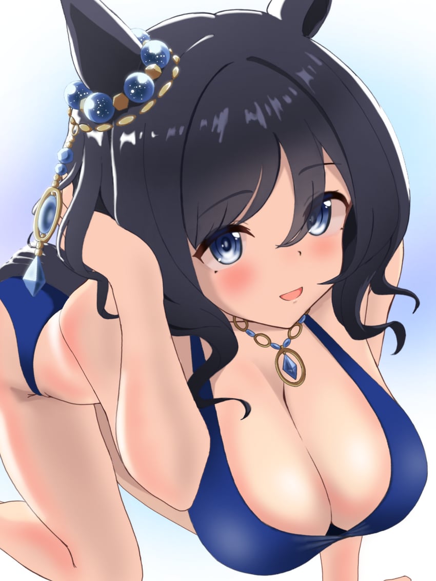 赛马娘、荣进闪耀 (胜者的涟漪) (赛马娘)、荣进闪耀(赛马娘) 1名女孩 兽耳 手臂支撑 比基尼 黑发