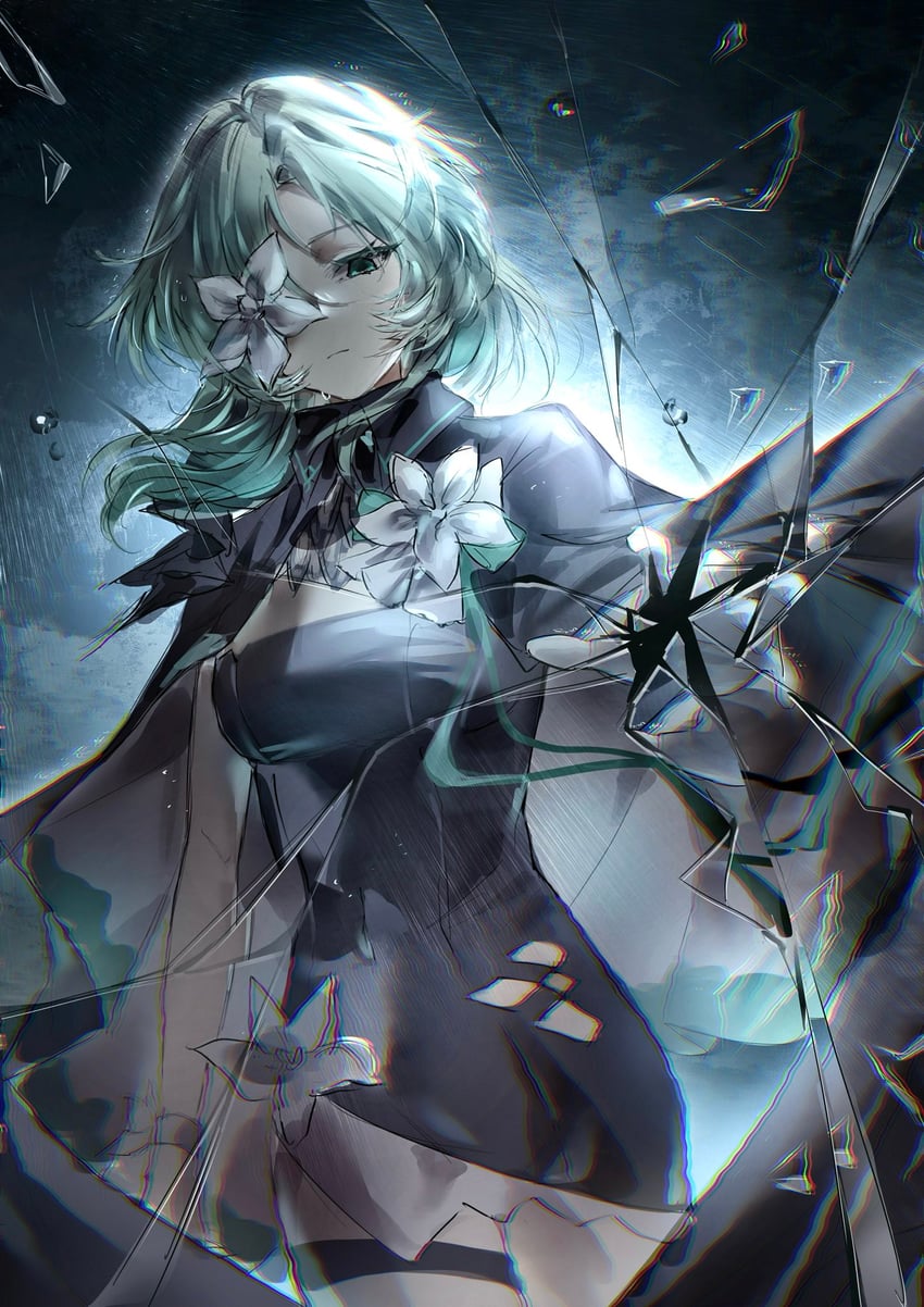 韵律源点 Arcaea、沙耶 (Arcaea)、咲弥 (觉醒) (Arcaea) 1名女孩 不对称腿部穿着 黑色披肩 黑色连衣裙 碎玻璃