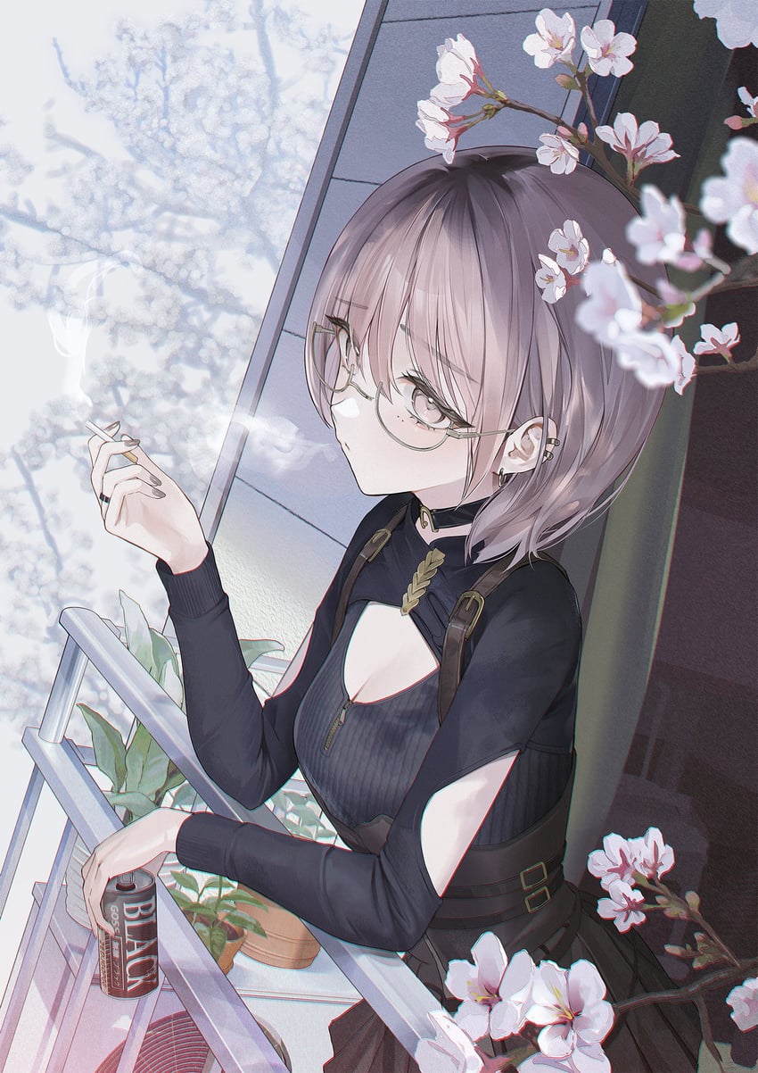 原创 1名女孩 靠在栏杆上 阳台 腰带 黑色皮带