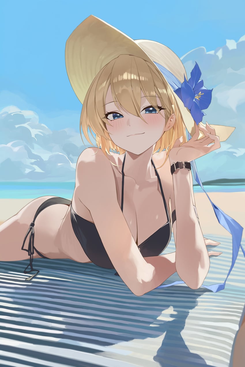 原创 1名女孩 海滩 沙滩巾 比基尼 黑色比基尼