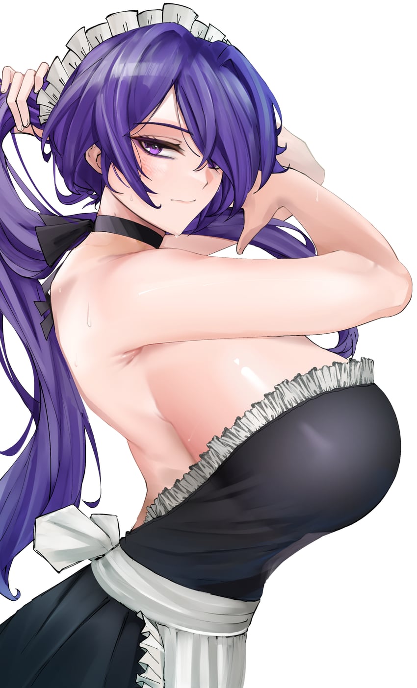 原创 1名女孩 围裙 露肩 黑色连衣裙 脸红