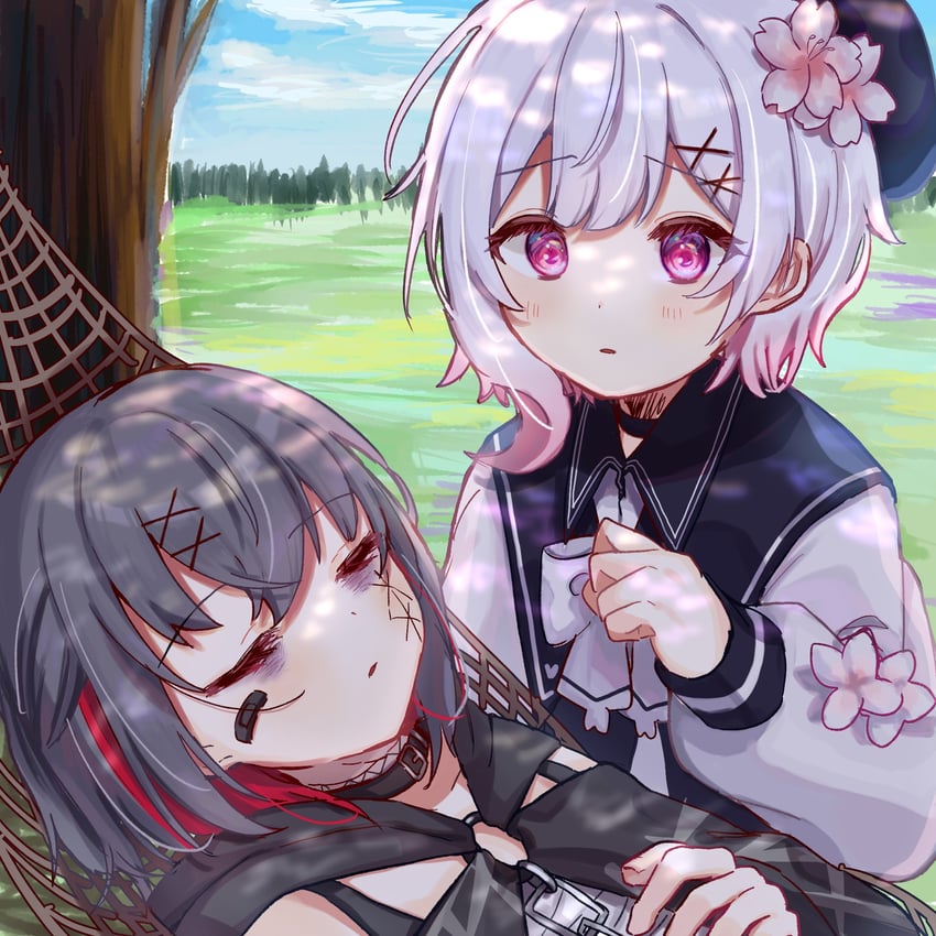 魔法少女的小镇审判、樱庭绘麻、志藤亚里沙 2名女孩 创可贴 脸上的创可贴 露肩 贝雷帽