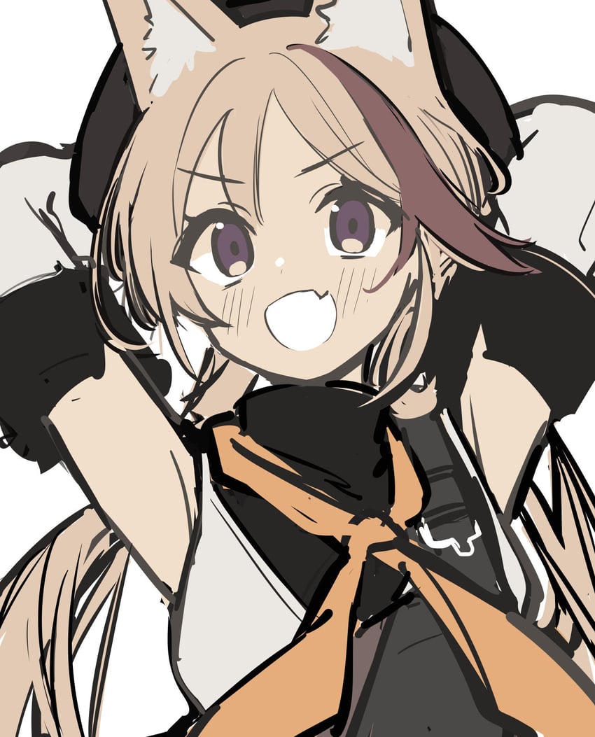 明日方舟、卡缇 (明日方舟)、卡缇 (晴日) (明日方舟) 1名女孩 :D 举起双手 黑帽子 黑衬衫