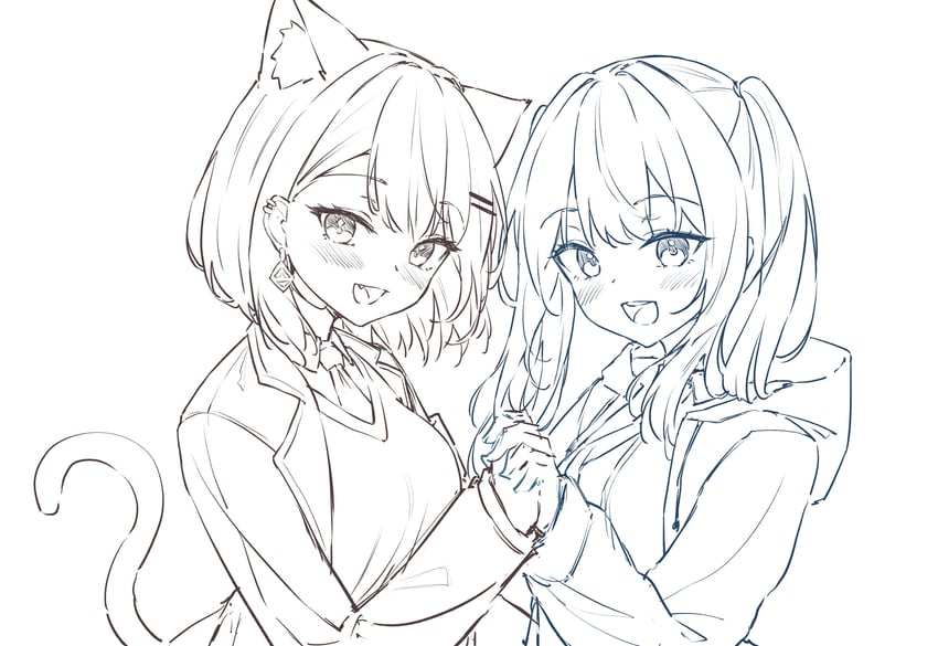 Stellive、荒桥旅、真白音音子 2名女孩 兽耳 猫耳 猫娘 猫尾