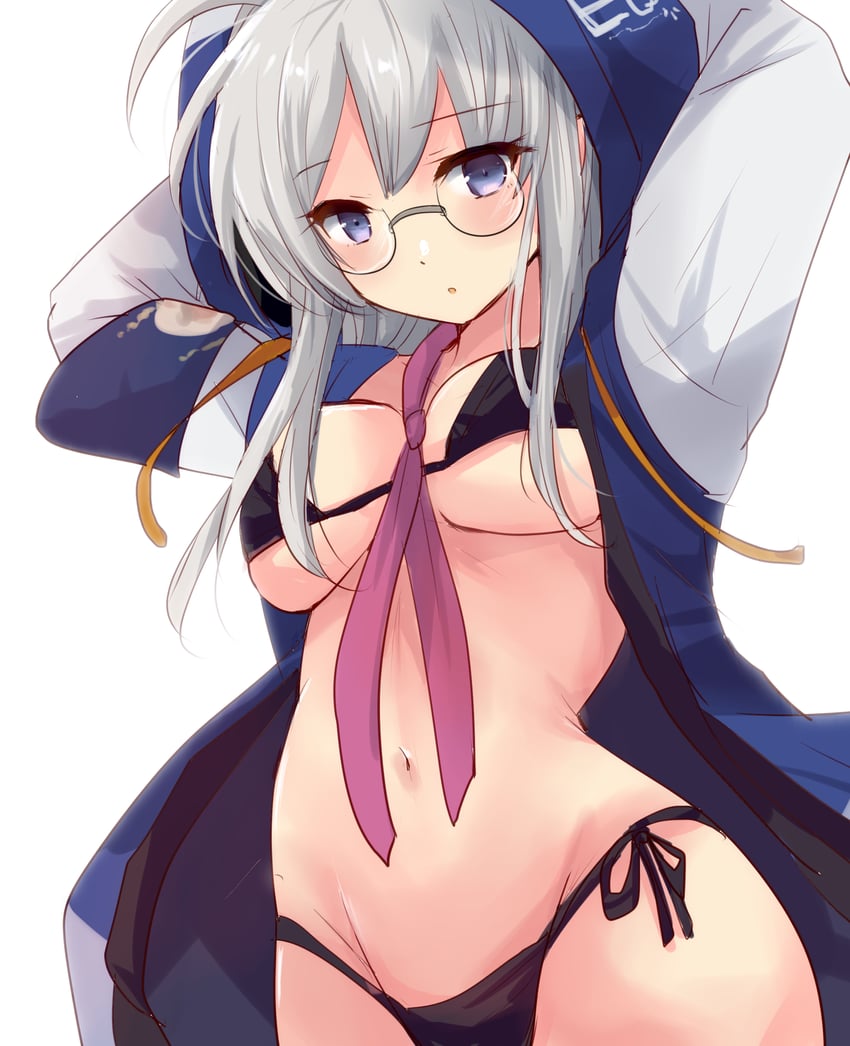 舰队Collection、海伍德·L·爱德华兹 (舰娘)、海伍德·L·爱德华兹 (梅雨) (舰队收藏) 1名女孩 呆毛 比基尼 衣内比基尼 黑色比基尼