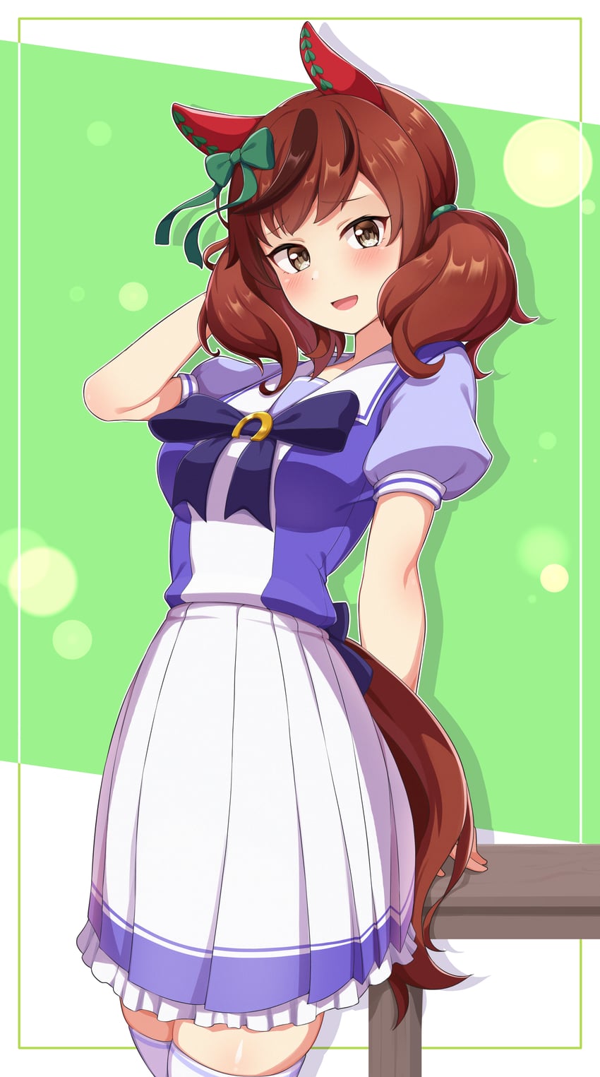 赛马娘、优秀素质 (赛马娘) 1名女孩 兽耳 手放在背后 手放在头后 脸红
