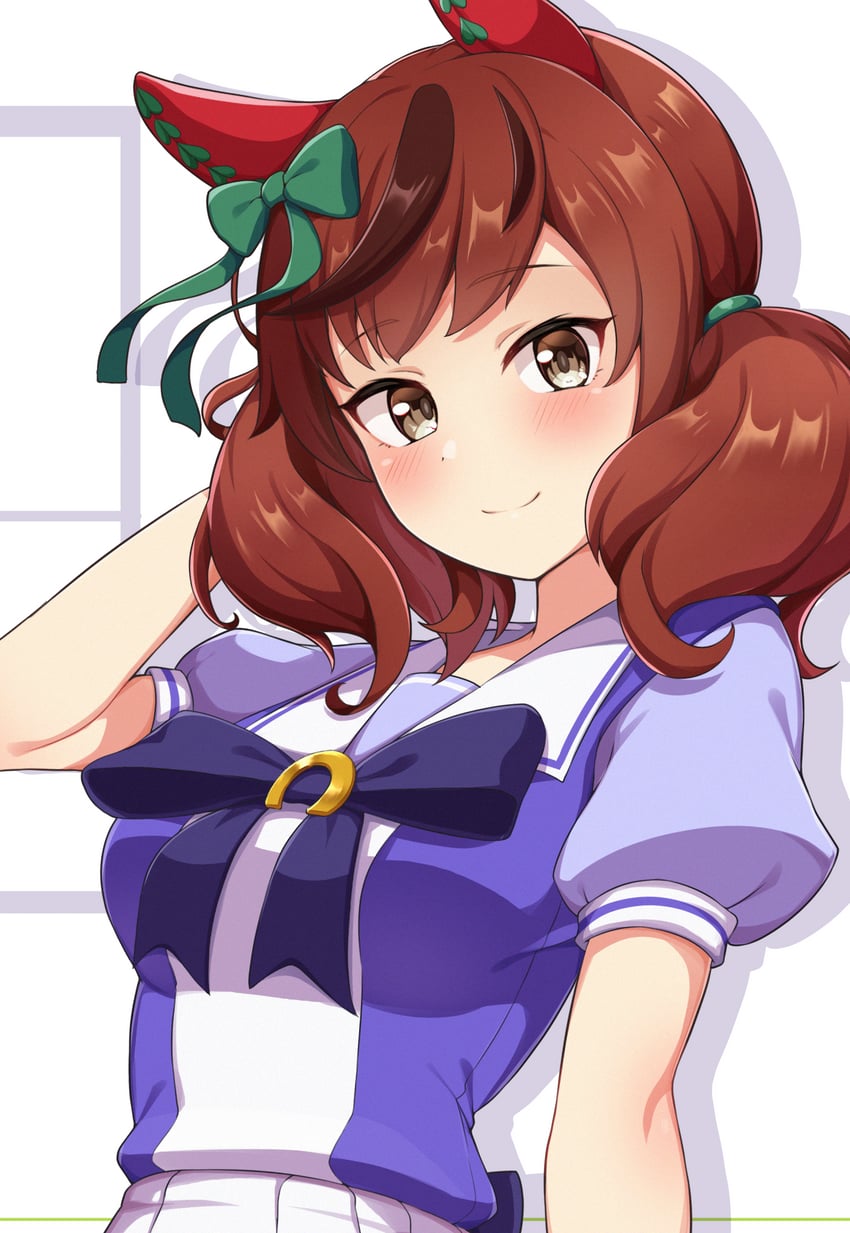 赛马娘、优秀素质 (赛马娘) 1名女孩 兽耳 手放在头后 脸红 蝴蝶结