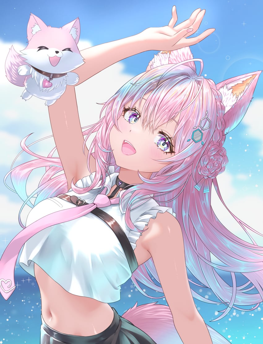 Hololive、博衣小夜里、博衣小夜璃 (第一套服装) 1名女孩 兽耳 呆毛 举手 裸臂