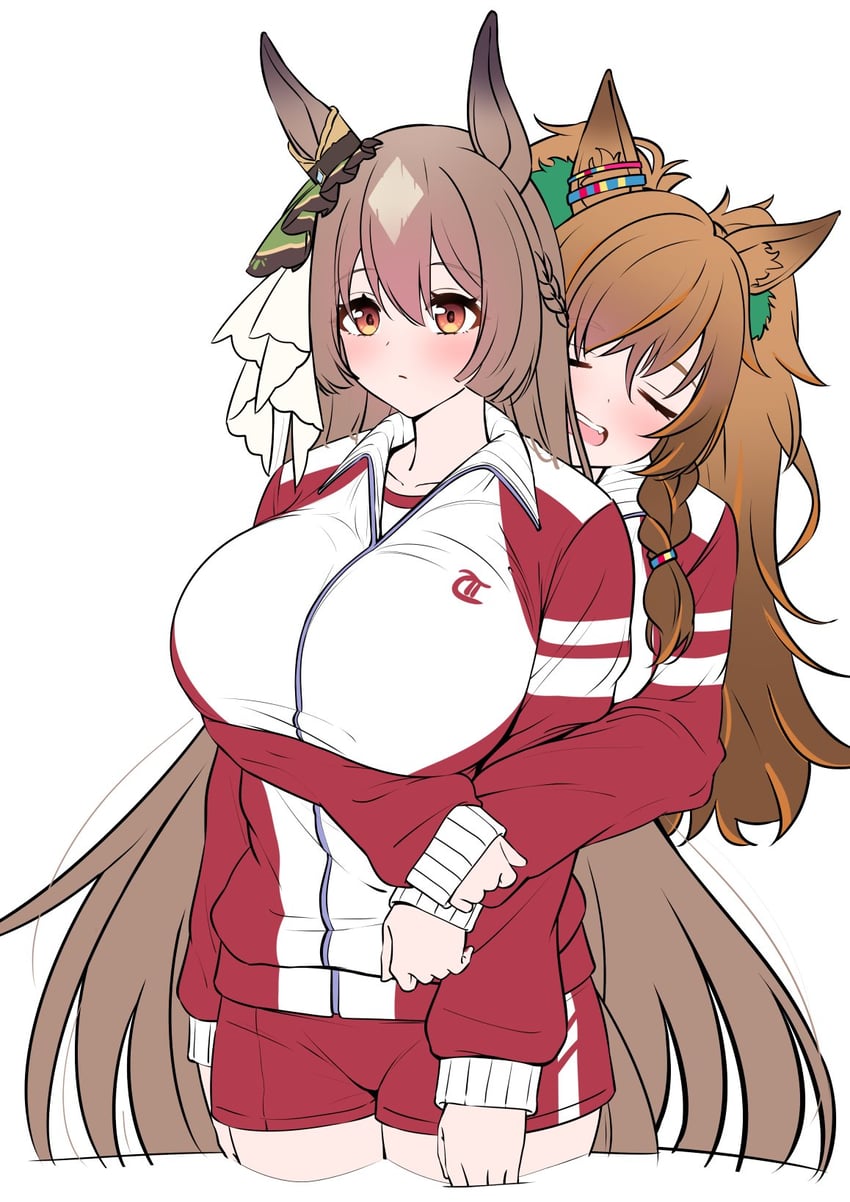 赛马娘、烈风一击 (赛马娘)、里见光钻 (赛马娘) 2名女孩 棕眼睛 棕发 拥抱 从背后拥抱