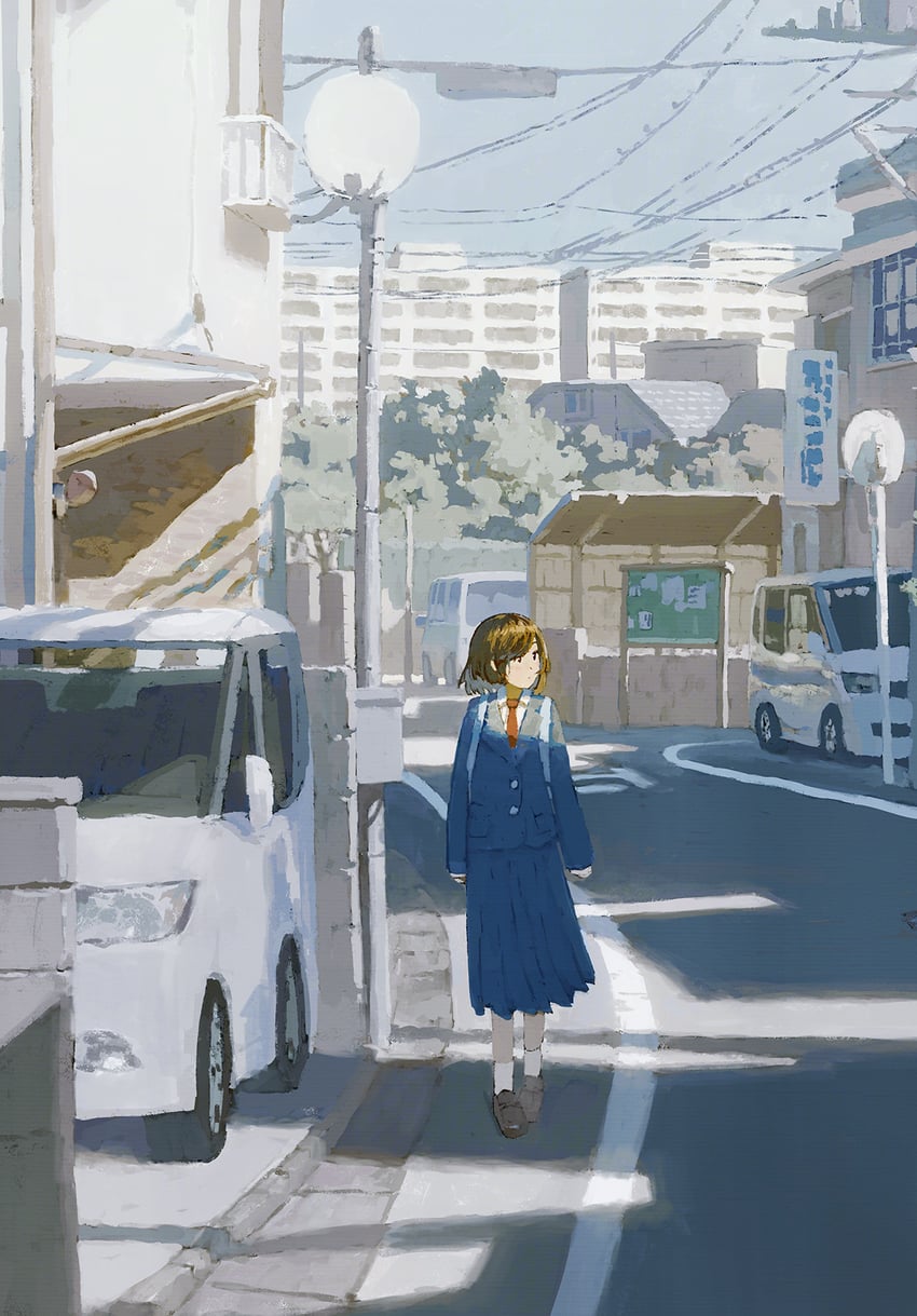 原创 1名女孩 公寓 蓝色夹克 蓝裙子 棕眼睛