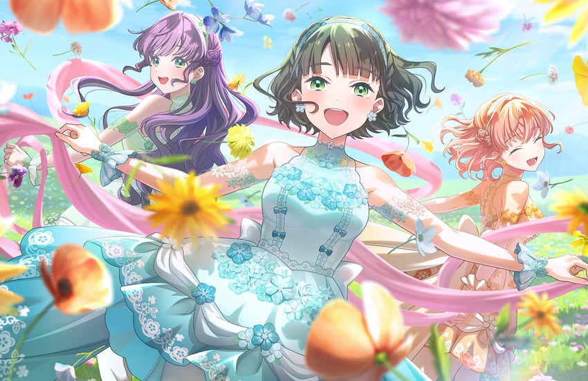 现在过去未来的三原色、Love Live!、Love Live! 莲之空女学院学园偶像部 3人女子 :D 露肩 黑发 蓝色连衣裙