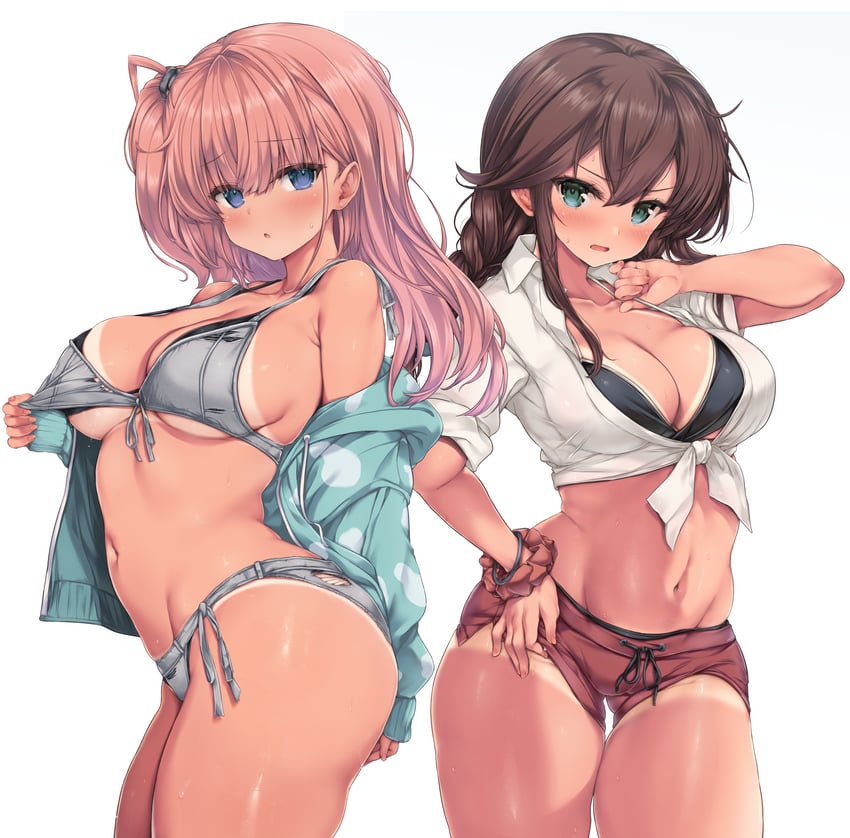 舰队Collection、亚特兰大 (舰队收藏)、亚特兰大 (泳装) (舰队收藏) 2名女孩 水色瞳 水蓝色夹克 腋窝褶皱 露肩
