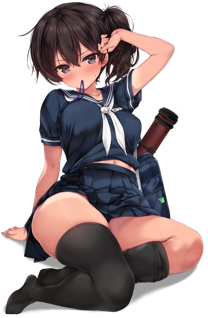 舰队Collection、加贺 (舰娘) 1名女孩 手臂支撑 举手 不对称腿部穿着 包