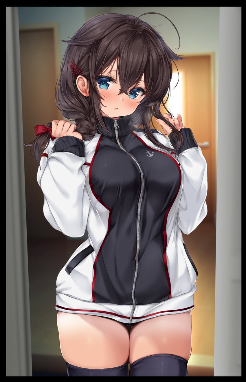 舰队Collection 1名女孩 呆毛 黑框 黑发 黑色夹克