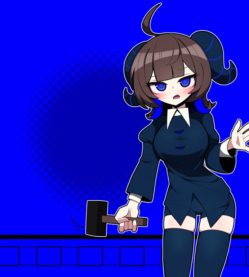 anta ni itenno (utau)、UTAU 1名女孩 呆毛 黑色连衣裙 黑色过膝袜 蓝色背景