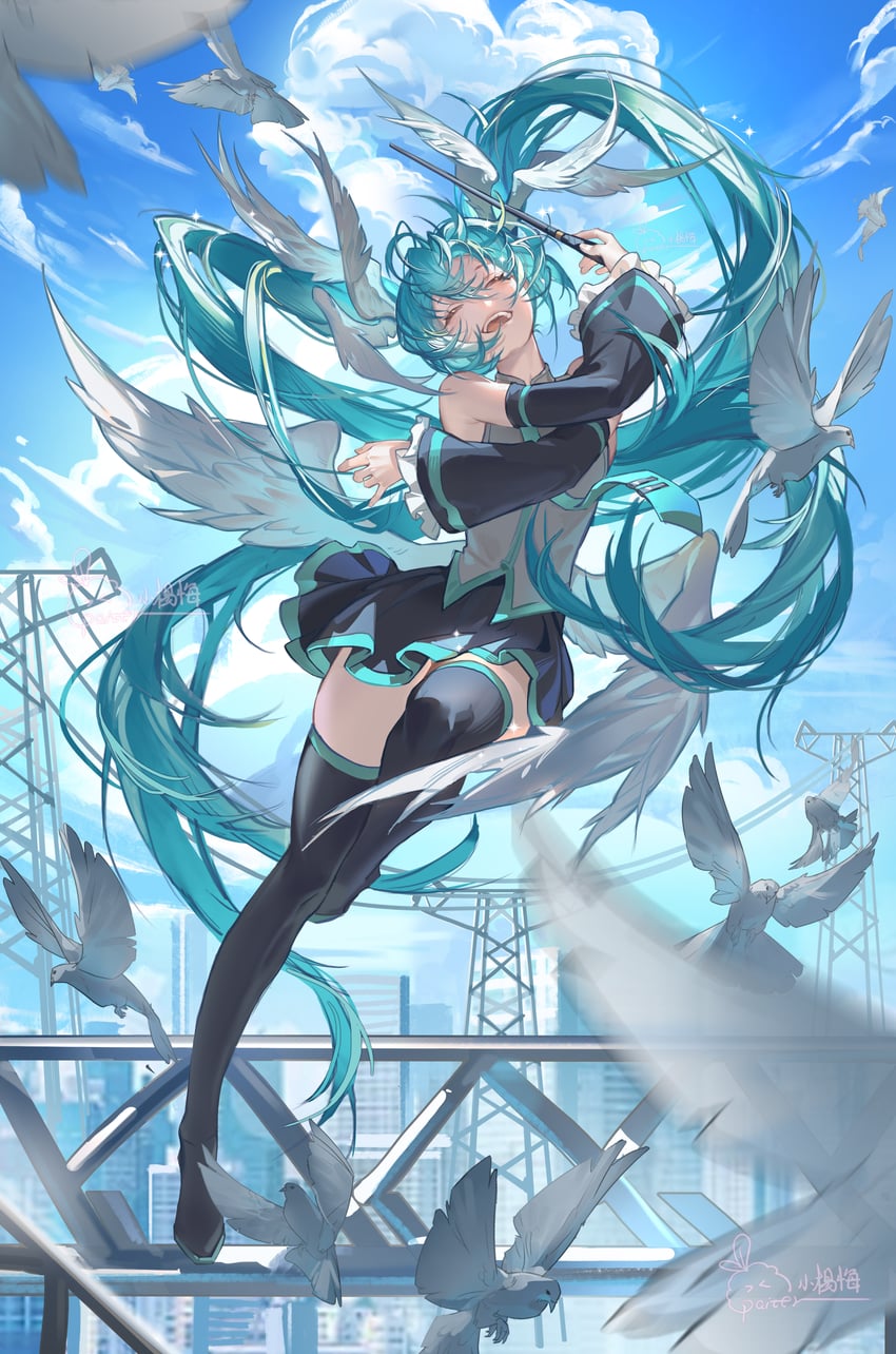 VOCALOID、初音未来 1名女孩 水色发 水蓝色领带 水蓝色饰边 露肩