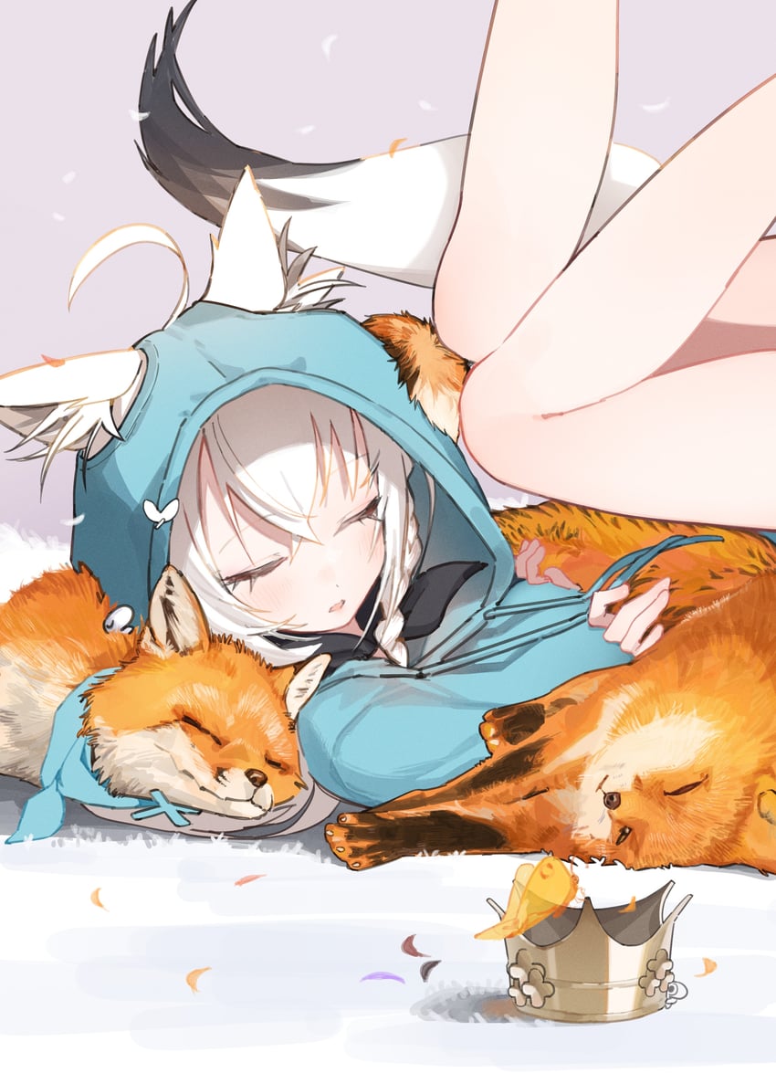 Hololive、白上吹雪 1名女孩 呆毛 兽耳 蓝色连帽衫 辫子
