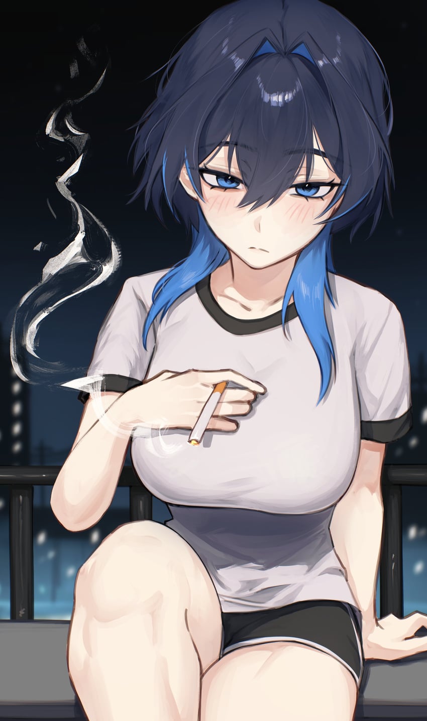 Hololive、Hololive英语、议会 (Kronii) 1名女孩 黑发 黑色短裤 蓝眼 蓝发