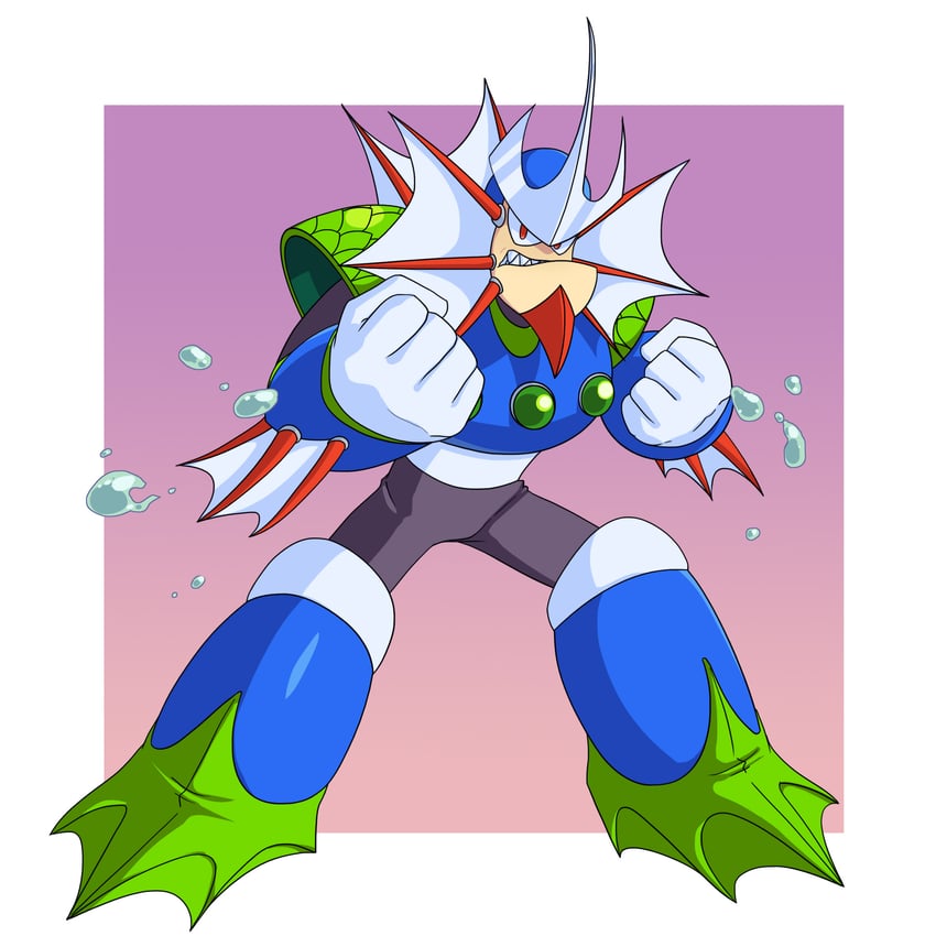 neptune (mega man) 1名男孩 手臂鳍 胸口宝石 紧握双手 咬牙
