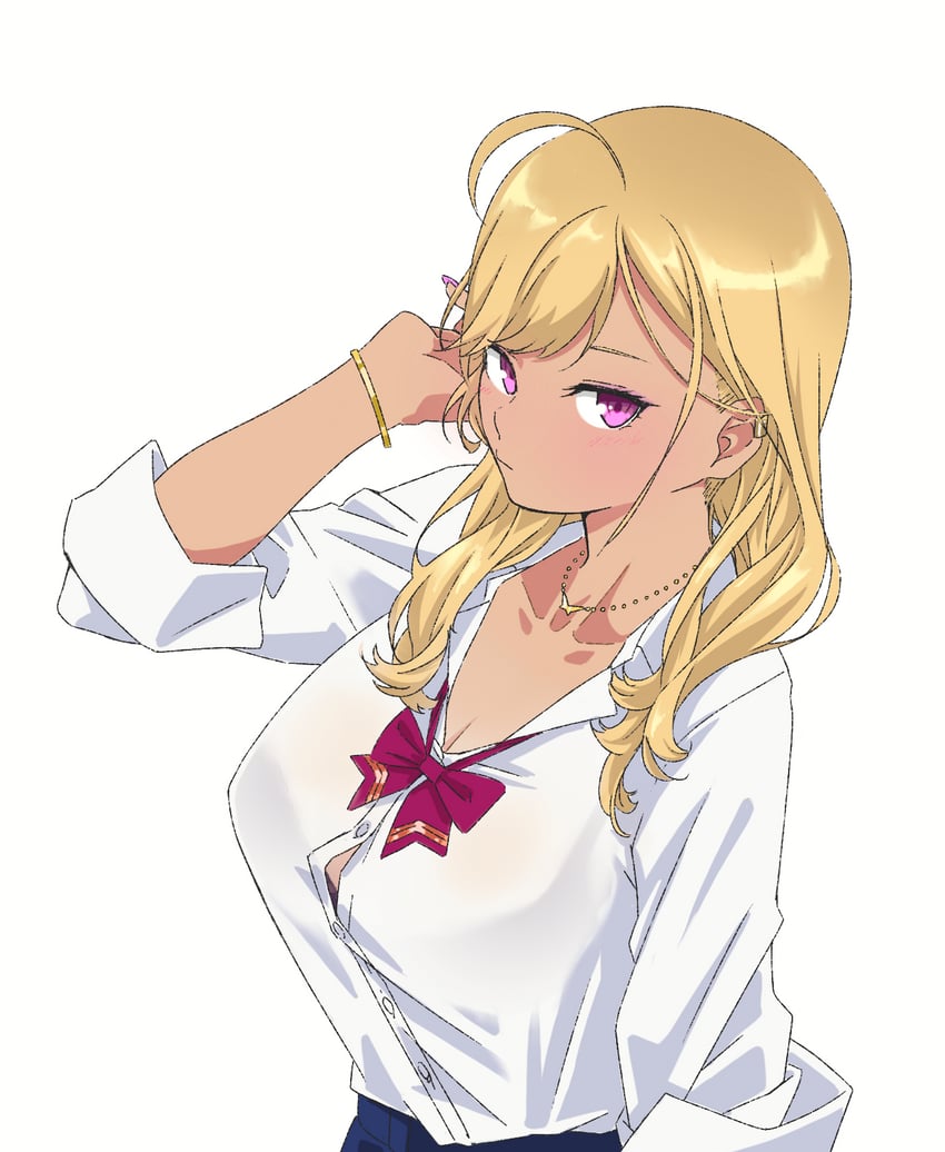 彩虹社、鹰宫莉音、鹰宫莉音 (第七套服装) 1名女孩 呆毛 金发 蓝裙子 蝴蝶结