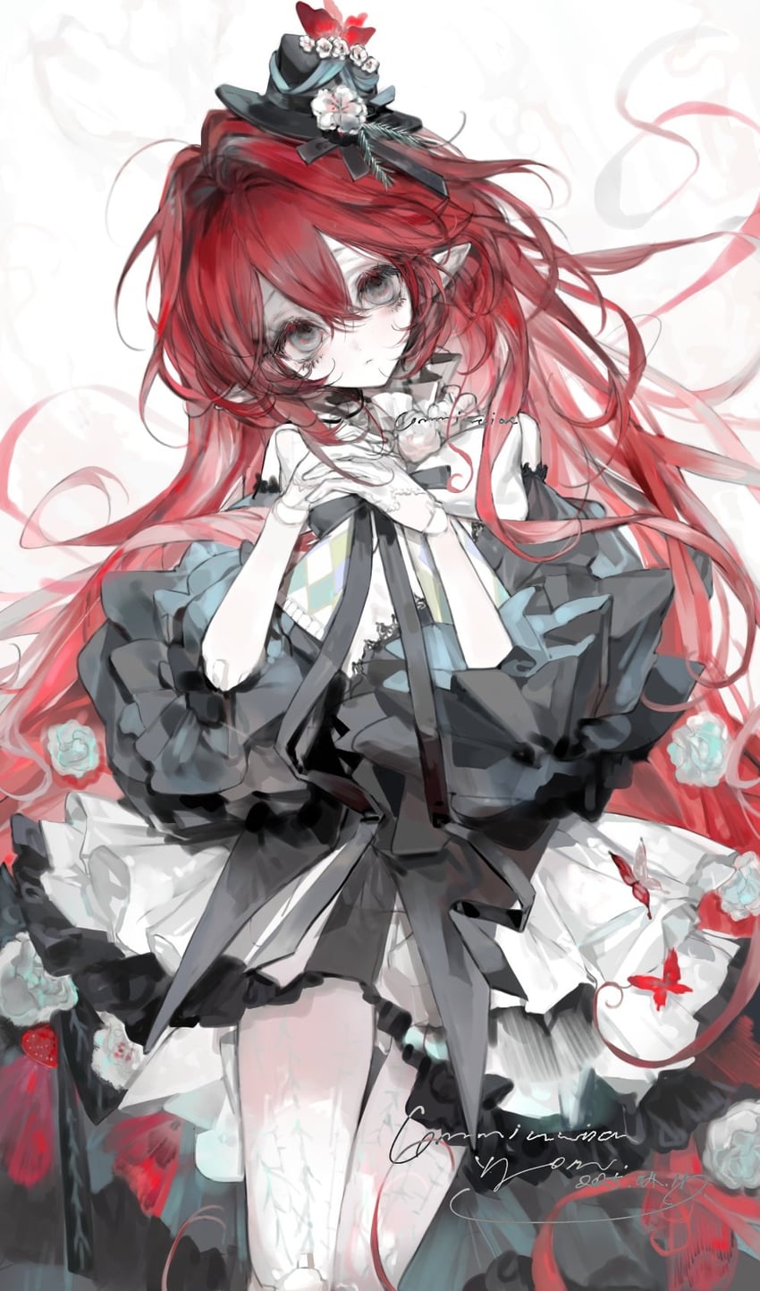 原创 1名女孩 眼袋 黑帽子 黑色丝带 虫子