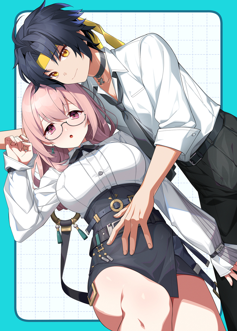 绝区零、浅羽悠真 (绝区零)、月城柳 (绝区零) 1名男孩 1名女孩 惊讶 腰带 黑色项圈