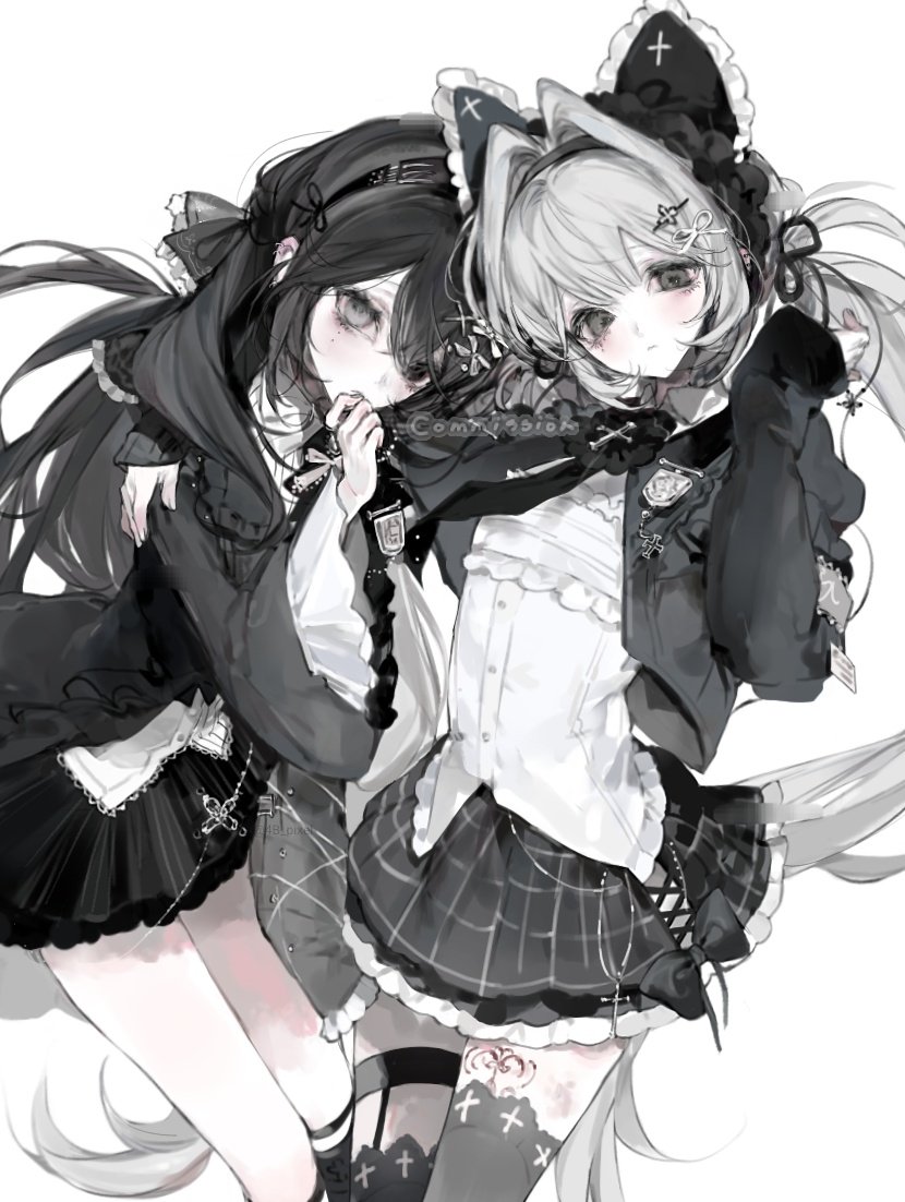 原创 2名女孩 兽耳 黑发 黑色夹克 黑色裙子