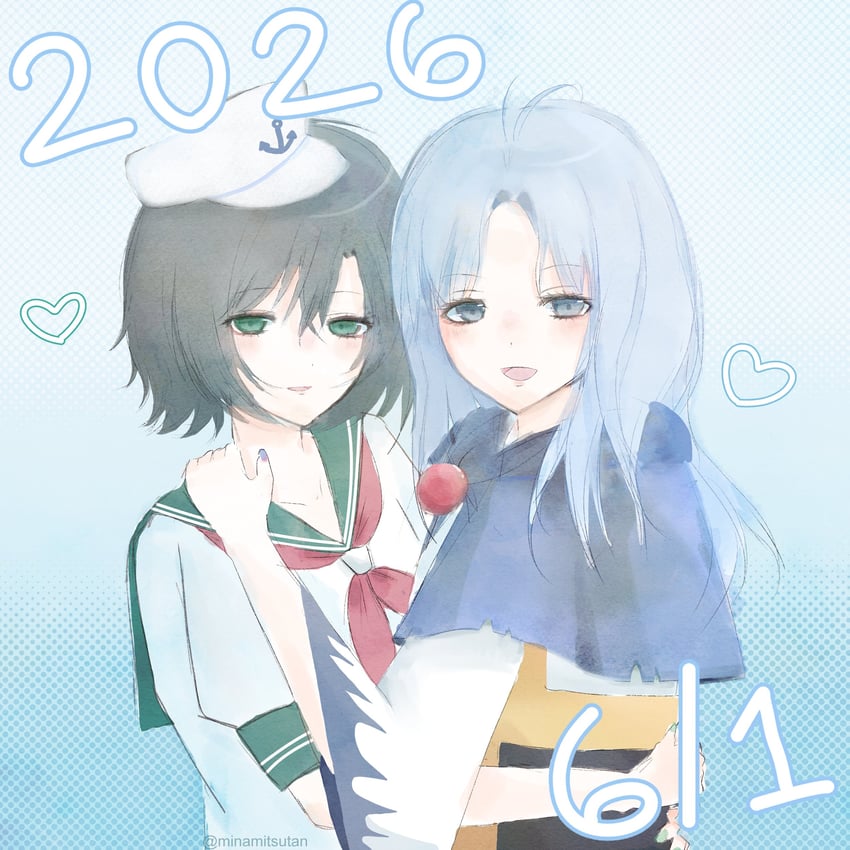 二次元插画 2026年 2名女孩 锚标志 黑发 蓝色背景