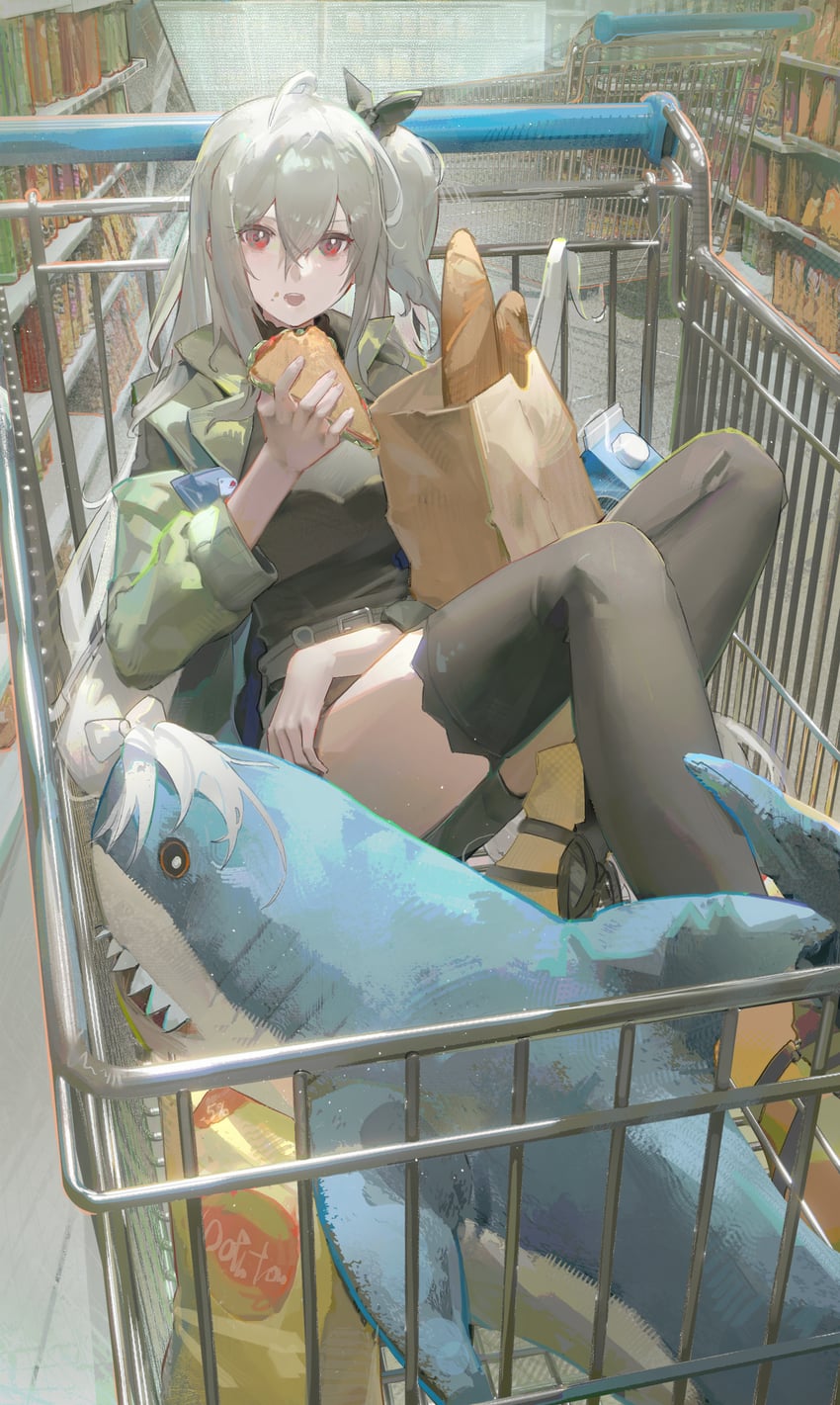明日方舟、斯卡蒂 (明日方舟)、斯卡蒂(下午茶时间)(明日方舟) 1名女孩 呆毛 过道 包 法棍