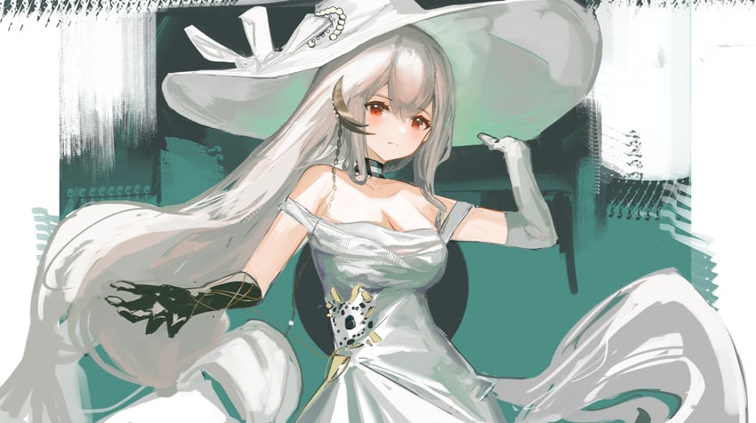 明日方舟、斯卡蒂 (明日方舟) 抽象背景 替换服装 异色手套 珠子 黑色项圈