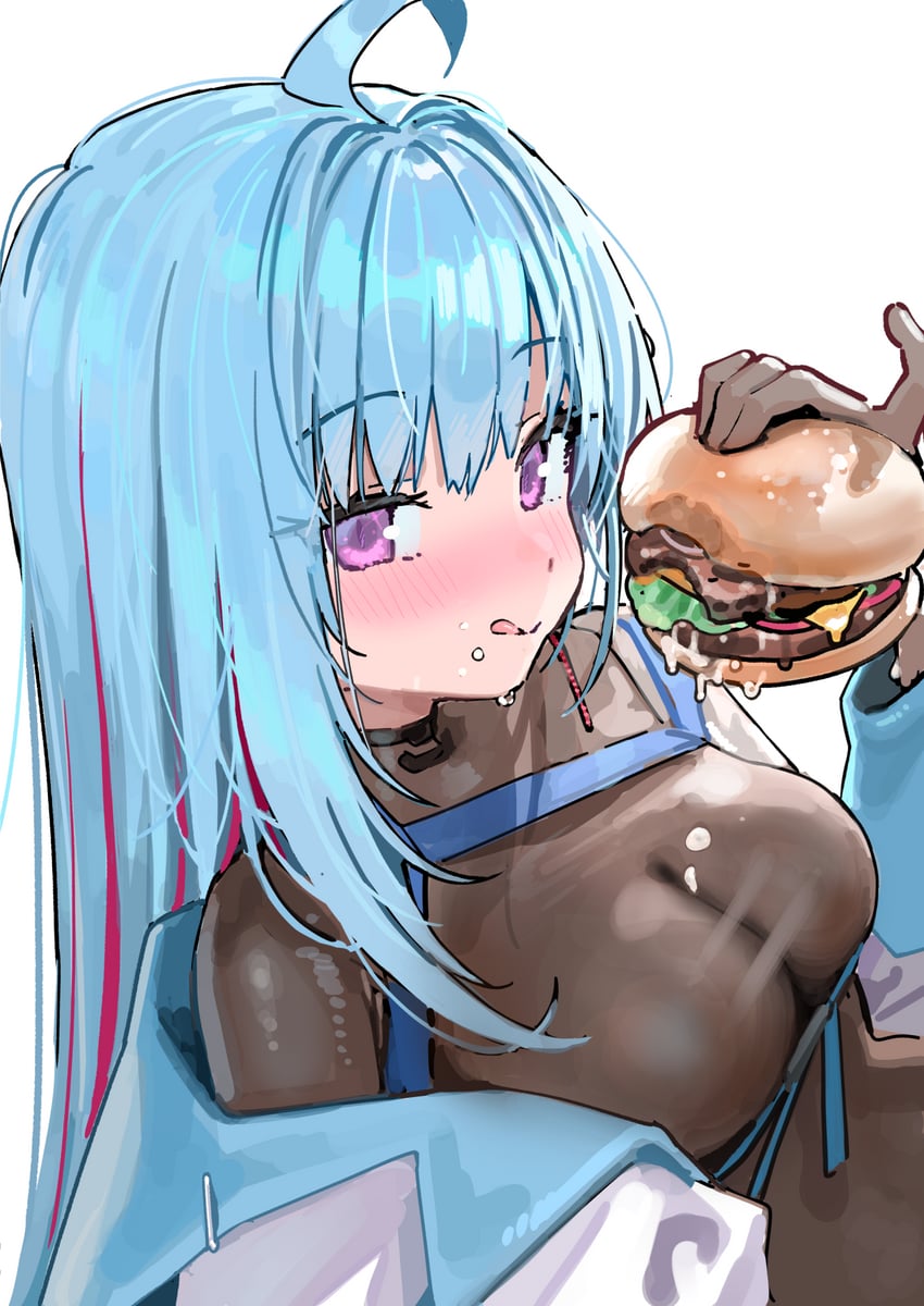 planeta、kuon rei (vtuber) 1名女孩 呆毛 蓝发 脸红 紧身连体衣