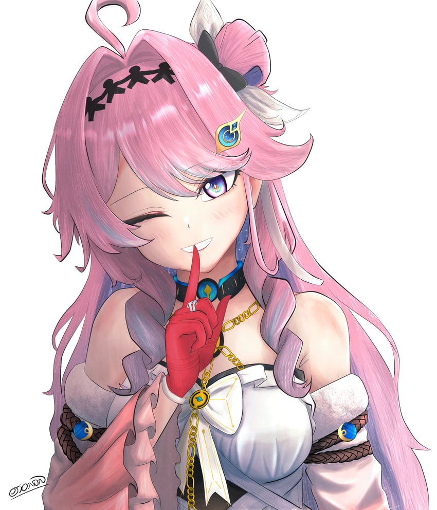 鸣潮、丹雅 (鸣潮) 1名女孩 呆毛 露肩 乳房 挂耳染