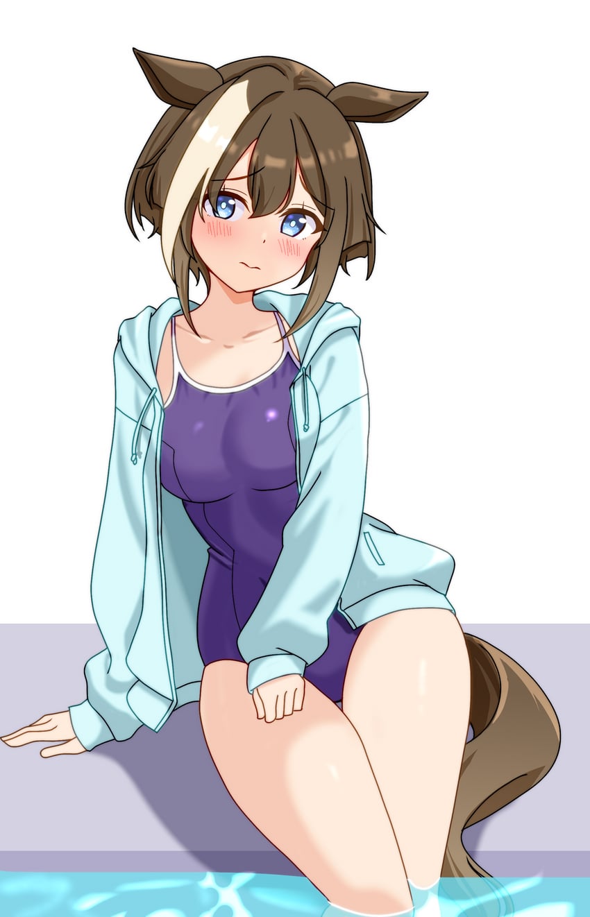 赛马娘、骏天宫 (赛马娘) 1名女孩 兽耳 手臂支撑 蓝眼 蓝色夹克