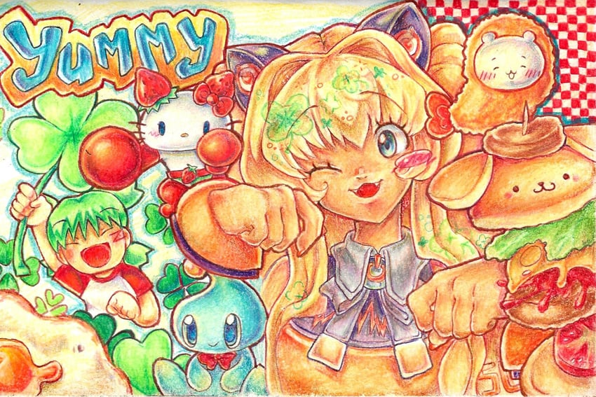 Chiikawa、Hello Kitty、三丽鸥 2名女孩 兽耳 金发 蓝眼 腮红贴纸