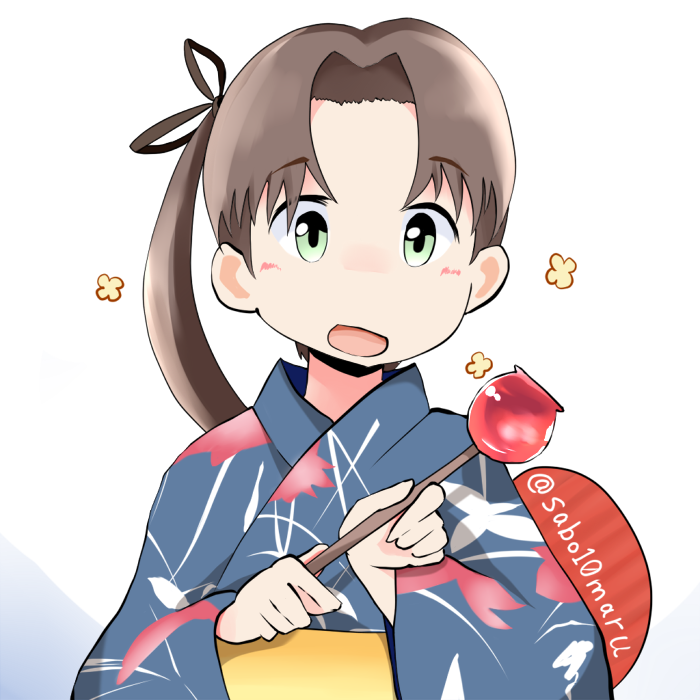 舰队Collection、绫波 (舰队收藏)、绫波 (浴衣) (舰これ) 1名女孩 蓝色和服 棕发 苹果糖 食物