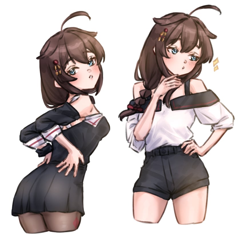 舰队Collection、shigure (ginza black) (kancolle)、shigure (ginza white) (kancolle) 2名女孩 呆毛 屁股 黑色连衣裙 黑发