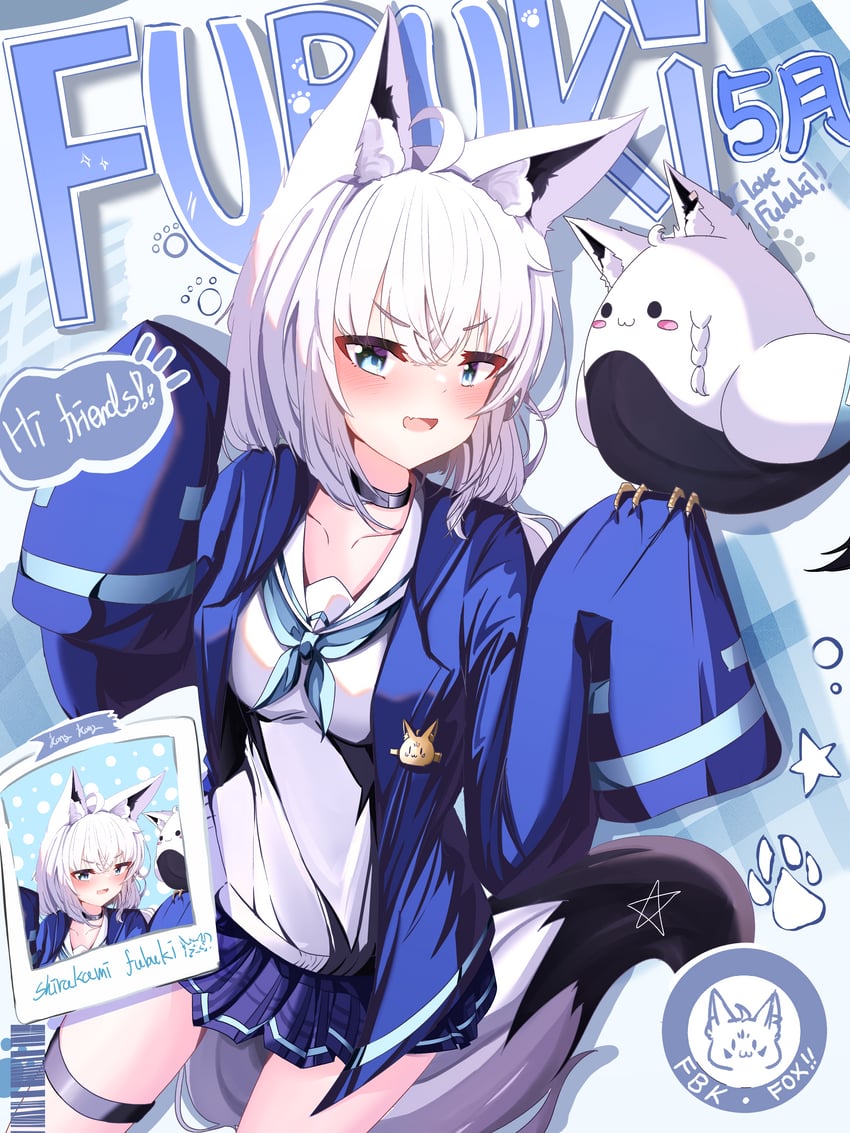 Hololive、白上吹雪、醋昆布 1名女孩 兽耳 黑色项圈 蓝眼 蓝色领巾
