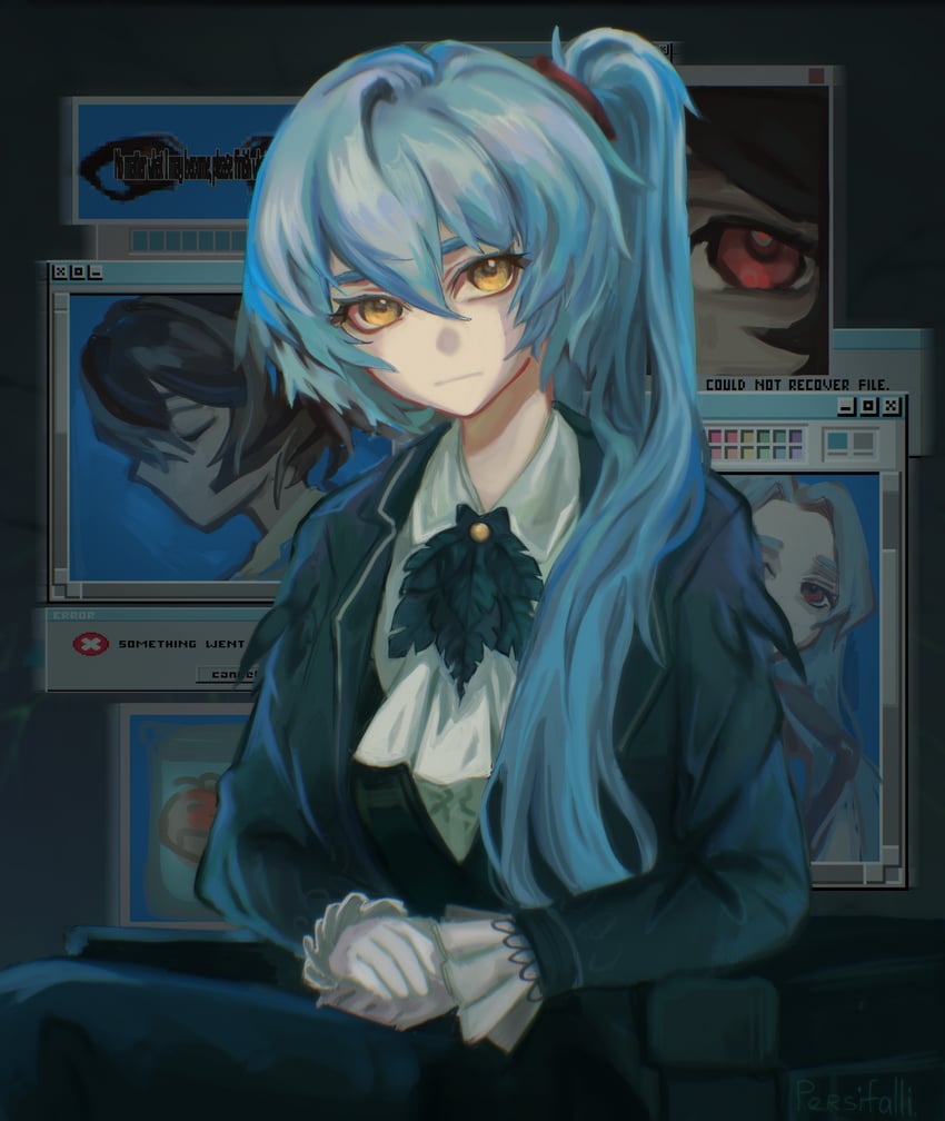 脑叶公司、Project Moon、安吉拉 (Project Moon) 1名女孩 阿斯科特领巾 黑羽毛 黑色马甲 蓝色大衣