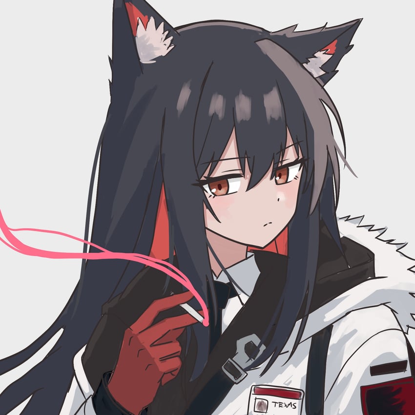 明日方舟、德克萨斯 (明日方舟)、德克萨斯 (冬使) (明日方舟) 1名女孩 兽耳 黑发 黑色领带 香烟