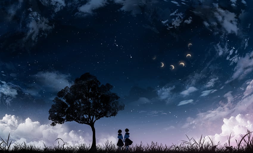 原创 2名女孩 蓝天 云 背对 从后方