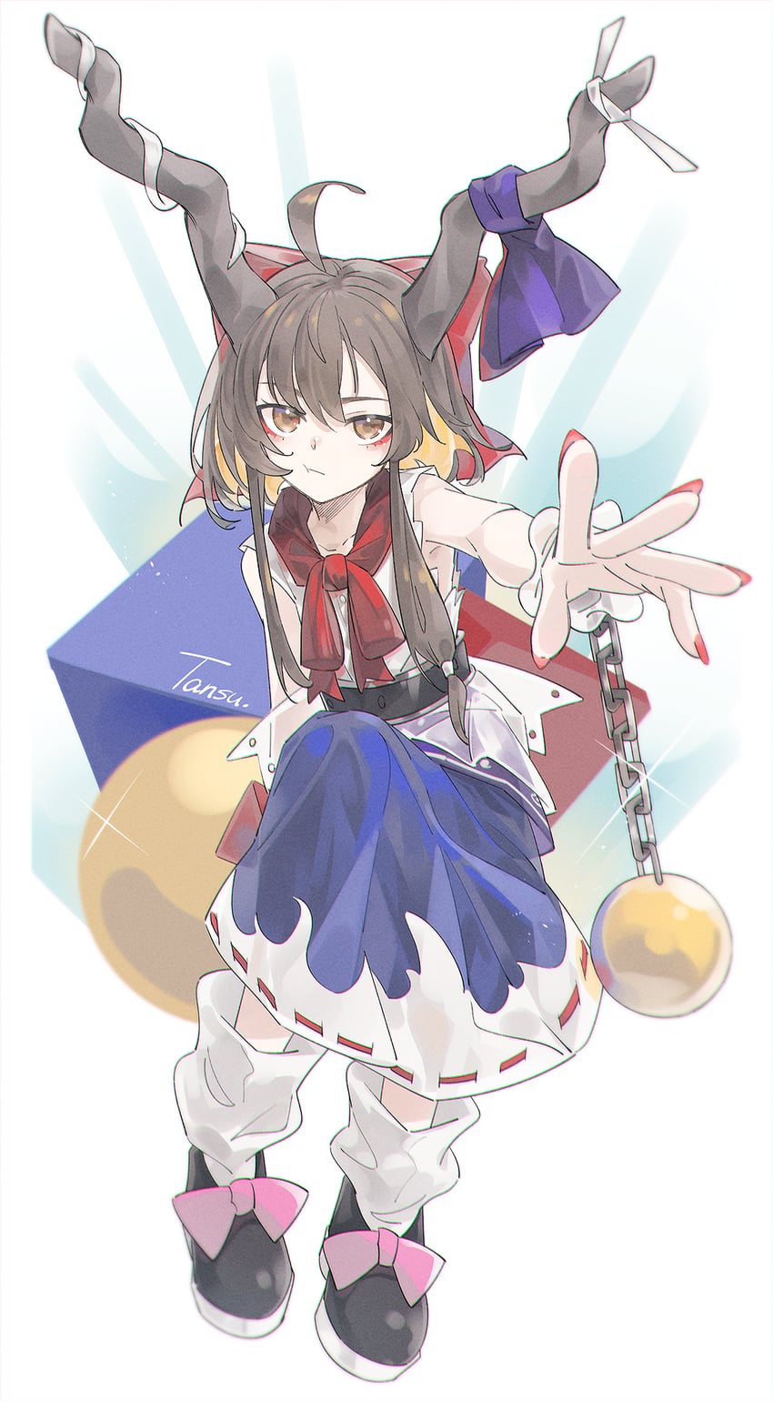 东方Project、伊吹萃香 1名女孩 球链式束缚 黑鞋 蓝裙子 蝴蝶结