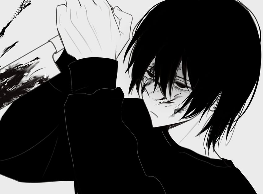 原创 1名男孩 黑瞳 血 脸上带血 刀上的血